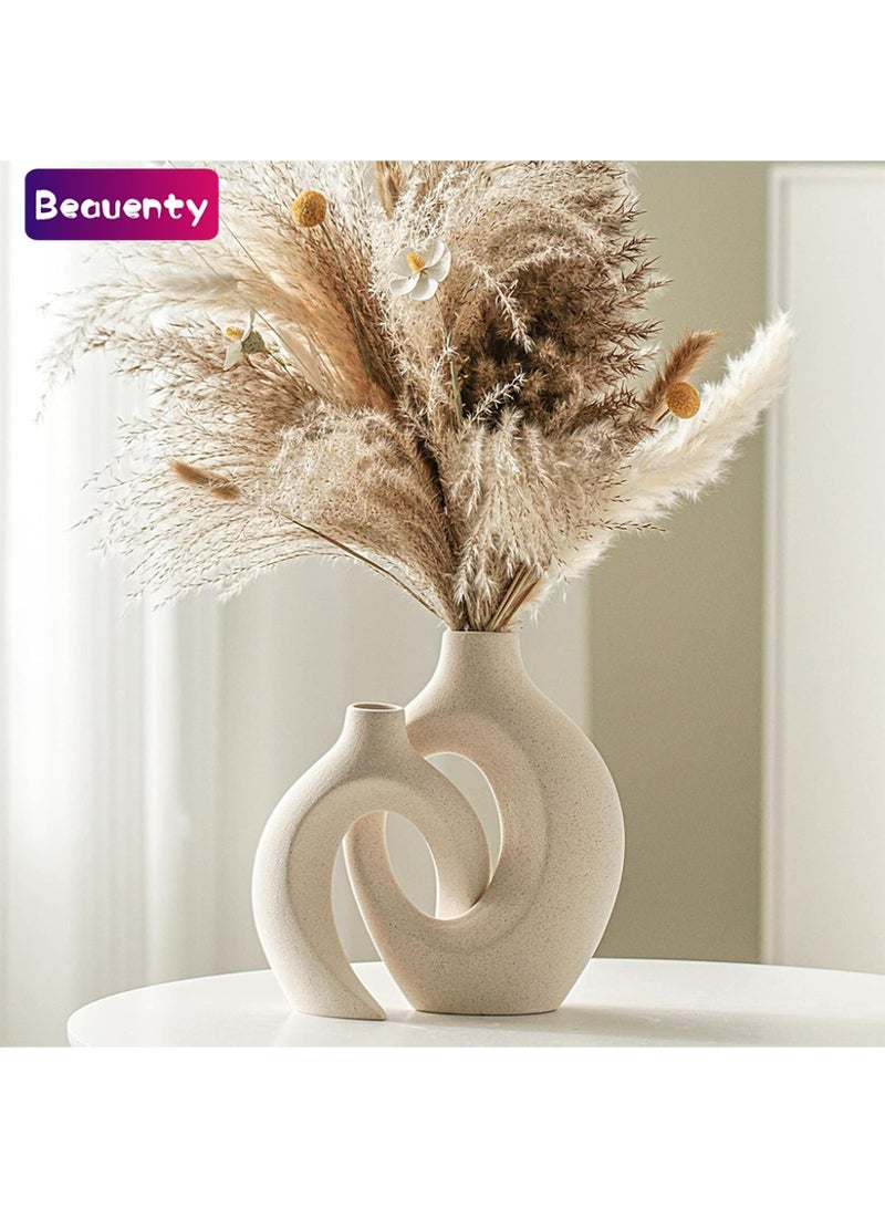 بيوينتي مجموعة مزهرية خزفية من وادٍ دافئ (قطعتين) طابع بوهو إسكندنافي عصري، مزهرية زينة جمالية لتنسيق المنزل (أبيض حليبي - القطر ١٦ سم × الارتفاع ٢١ سم) - Image 1